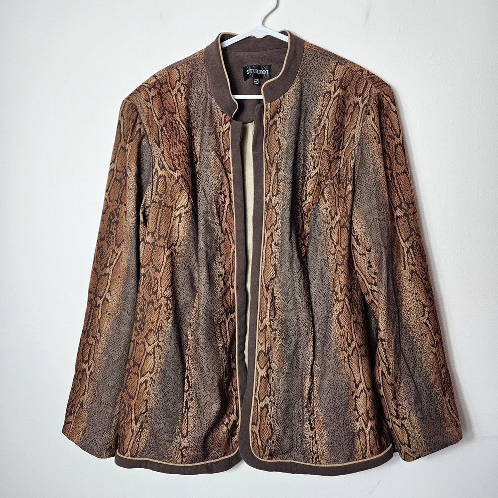 Studio I Brown Snakeskin Print Open Front Blazer 24W Mob Wife Layering Jacket